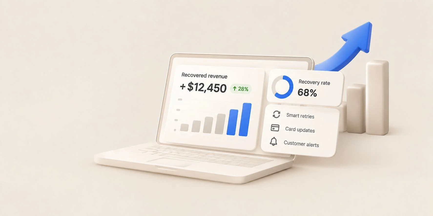 Recovered revenue up 28% and a 68% recovery rate on a laptop dashboard